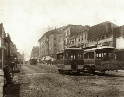 View of Streetcars Traveling on Fourth Street South of Morgan Street. Morgan Street was also Known as Delmar Boulevard, and Later as Convention Plaza by Emil Boehl